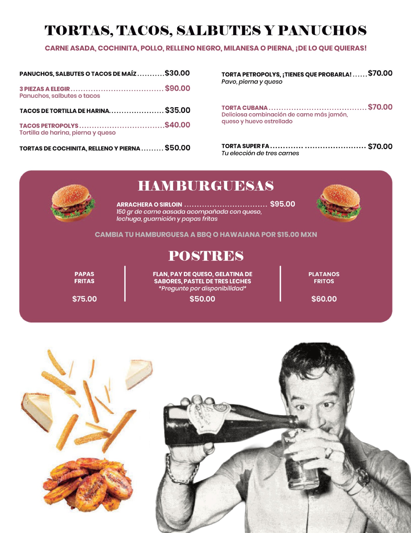 Página del menú con tortas, tacos, salbutes, panuchos, hamburguesas y postres