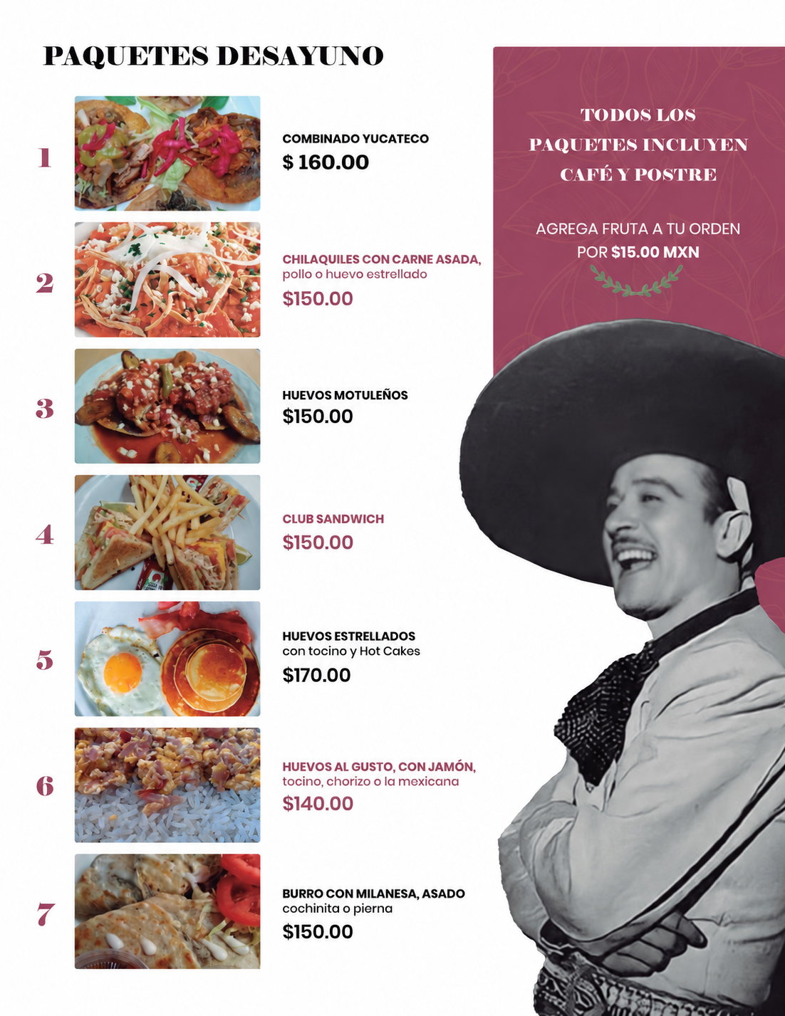 Página del menú con paquetes desayuno