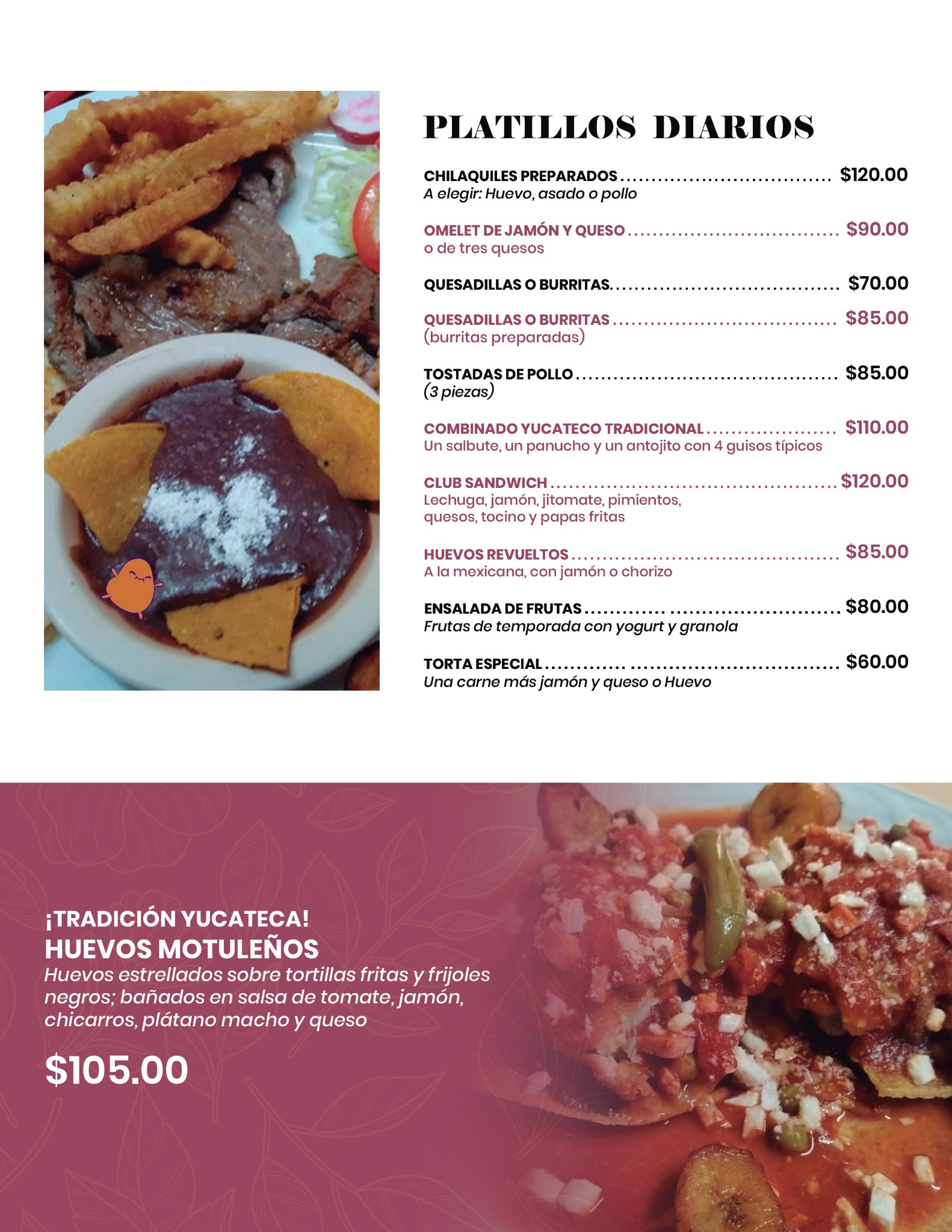 Página del menú con platillos diarios