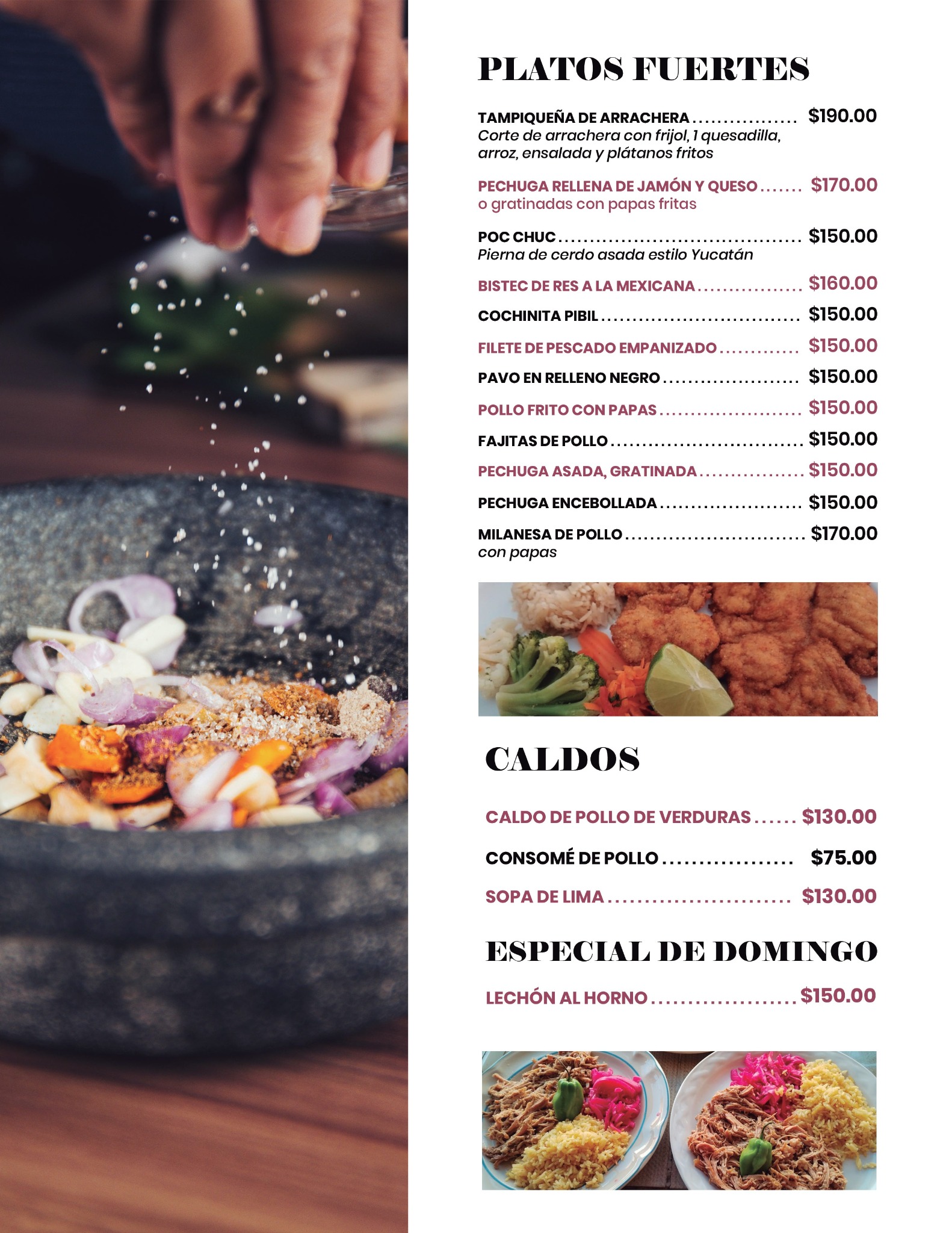 Página del menú con platos fuertes, caldos y especial de domingo
