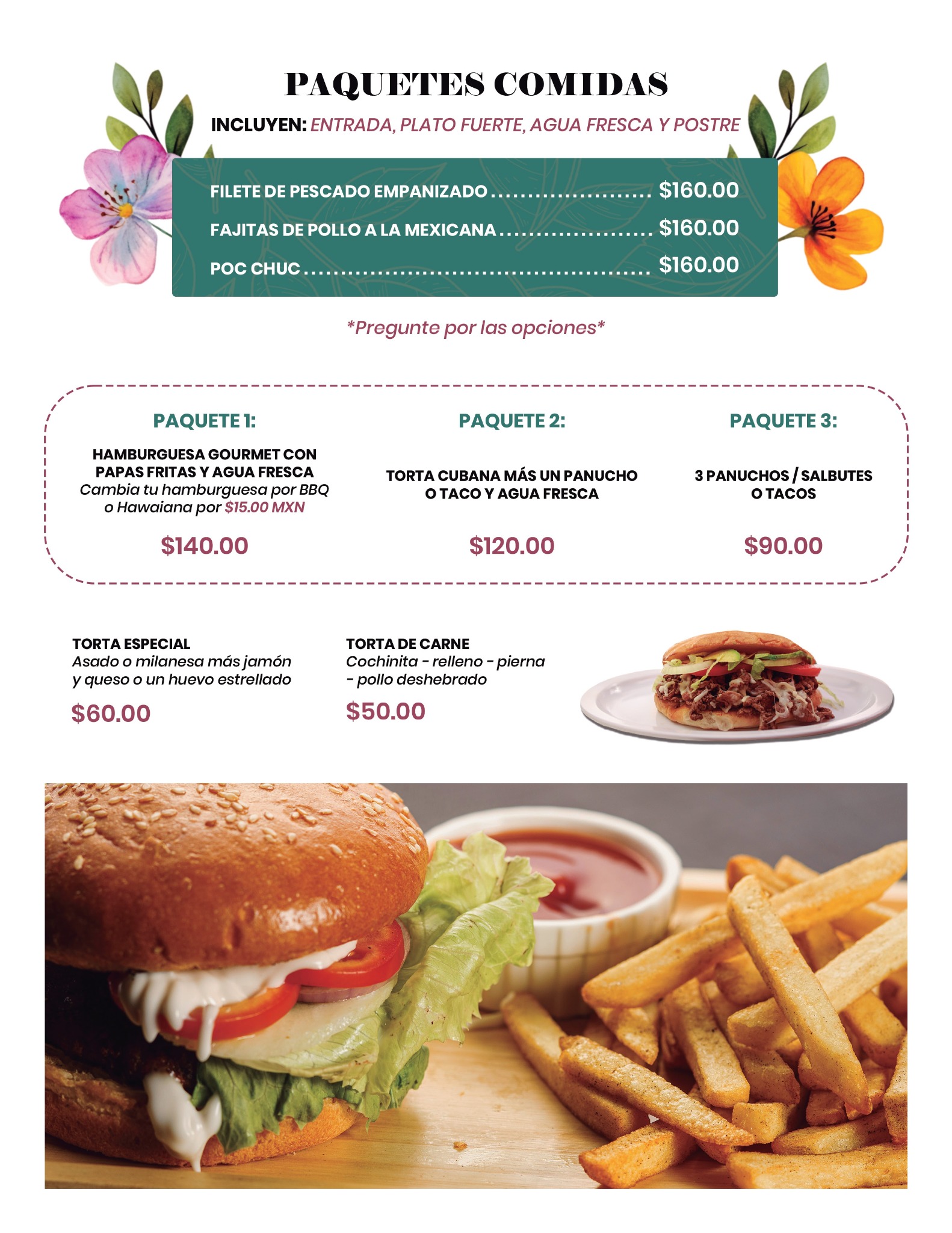 Página del menú con paquetes de comidas